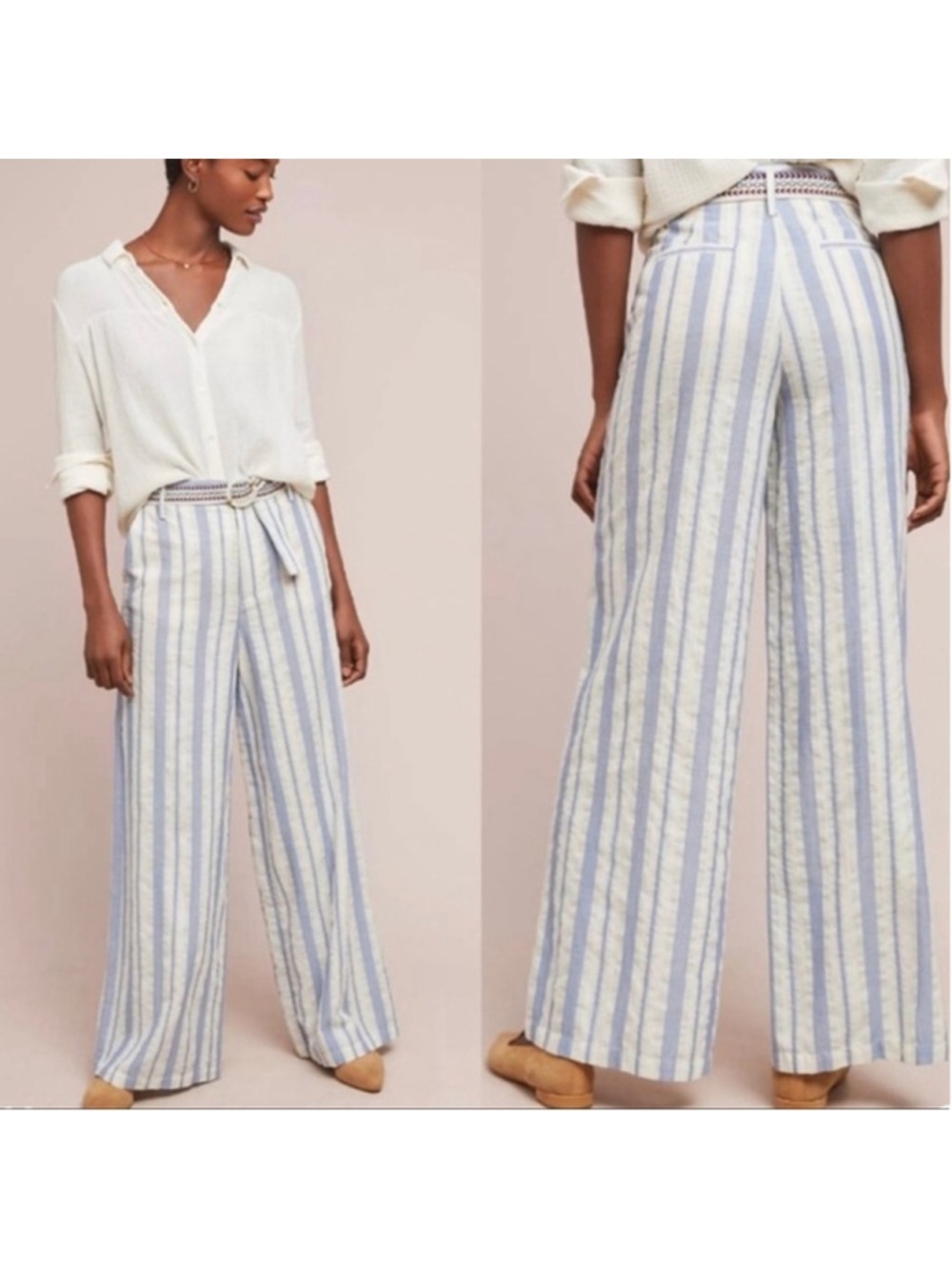 Anthropologie ett:twa Coastal Striped Wide Leg Pants Trousers Blue White 6